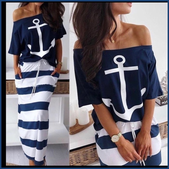 2 piece maxi skirt / t shirt striped anchor print size small - Picture 9 of 15